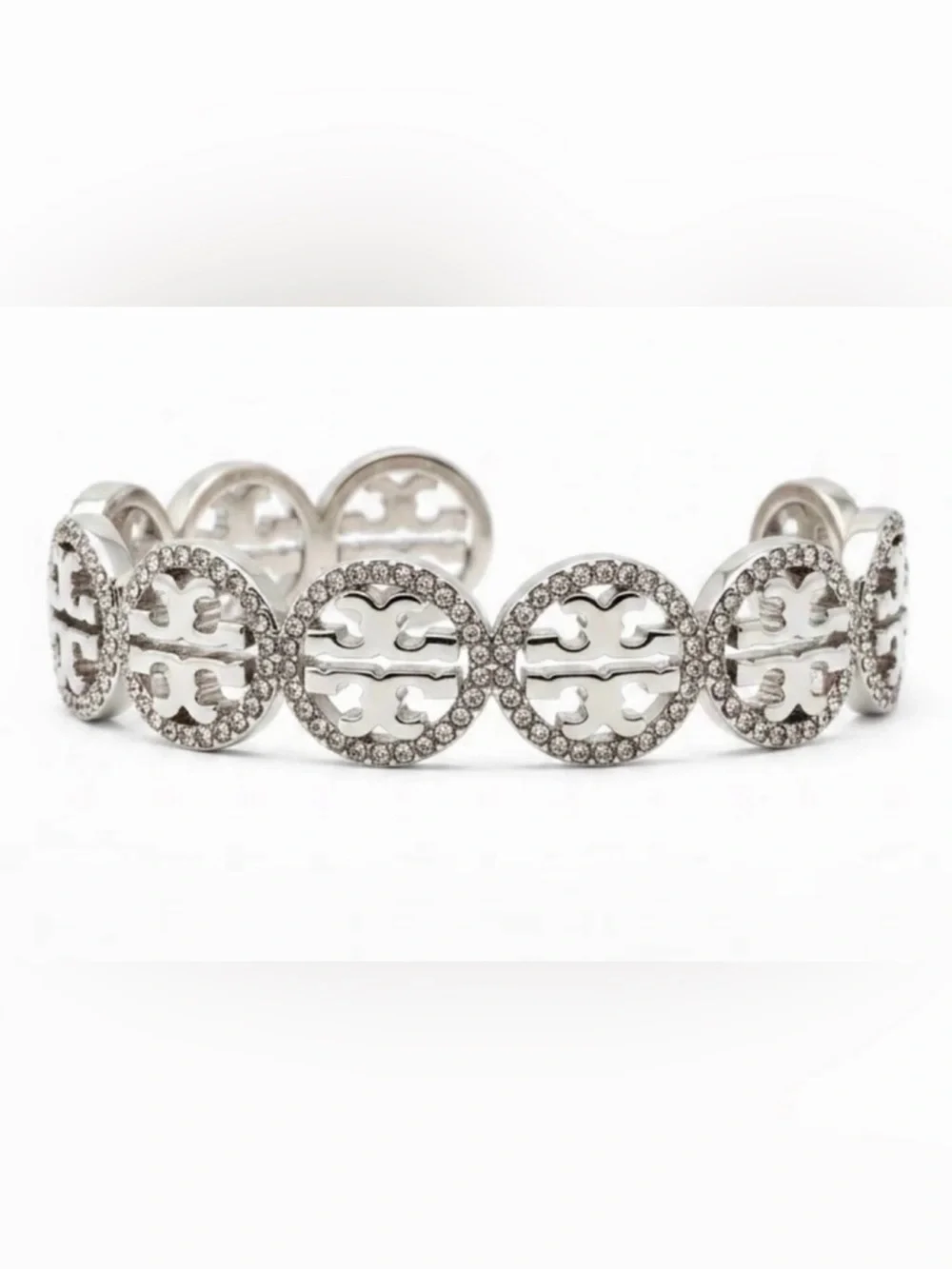 NWT Tory Burch Miller Pavé Crystal Logo Bangle Bracelet Silver